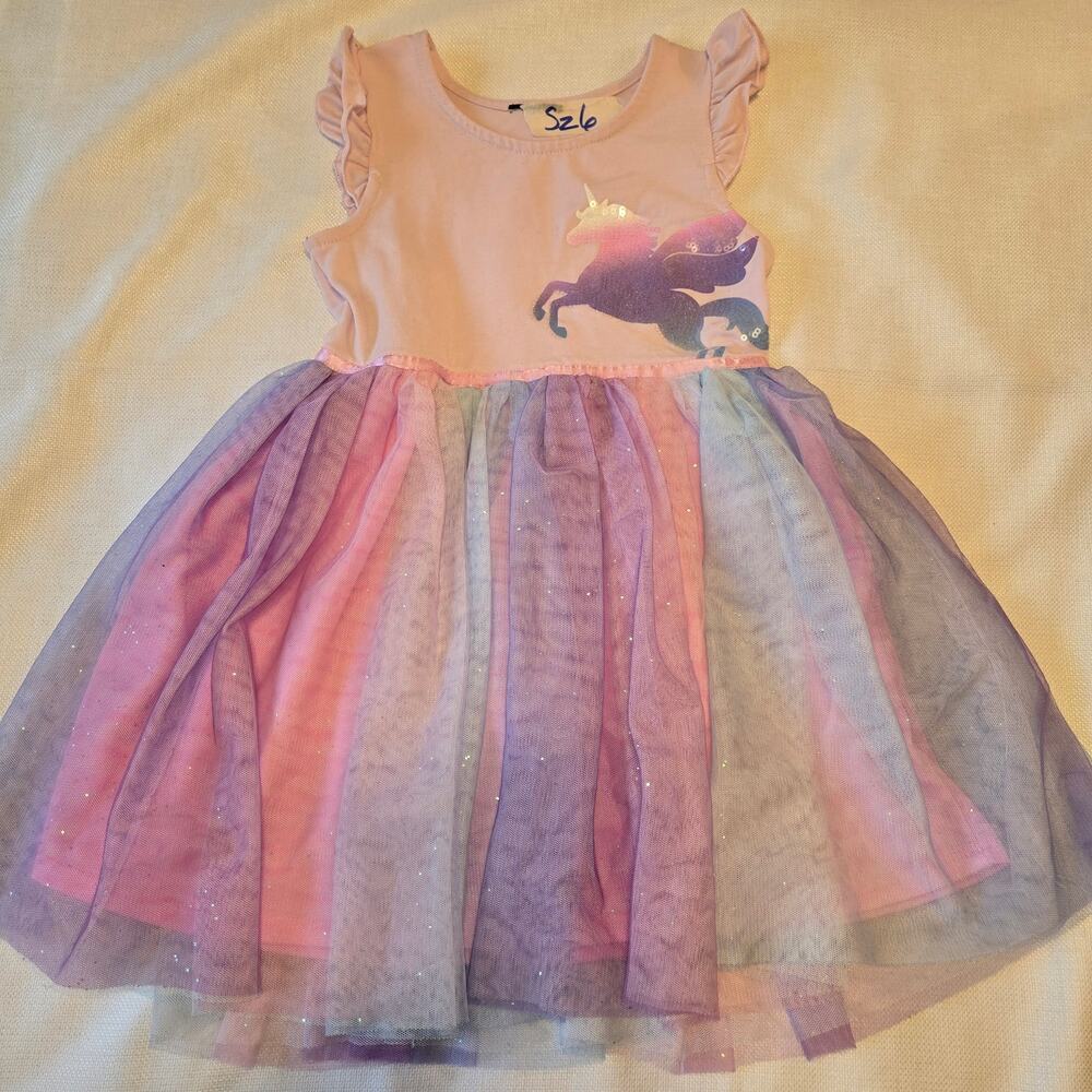 💙Sz 6 Multicolor💙 Sequin and Tulle Unicorn Short Sleeve Dress No Labels